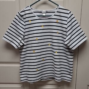 CJ Banks Black and White Striped Womens Plus Tee with Embroidered Yellow Suns 1X
